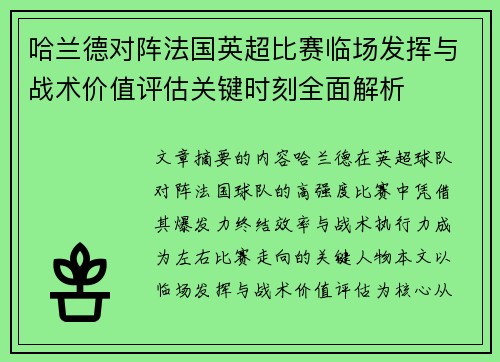 哈兰德对阵法国英超比赛临场发挥与战术价值评估关键时刻全面解析