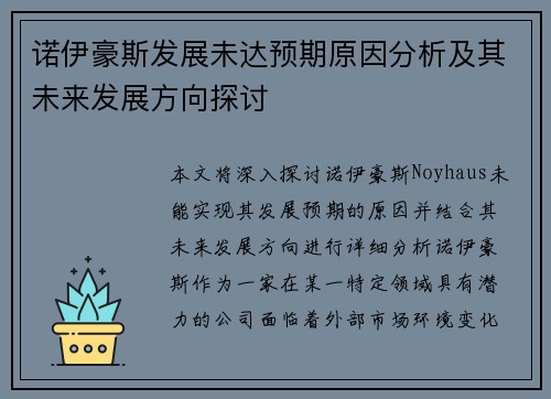 诺伊豪斯发展未达预期原因分析及其未来发展方向探讨